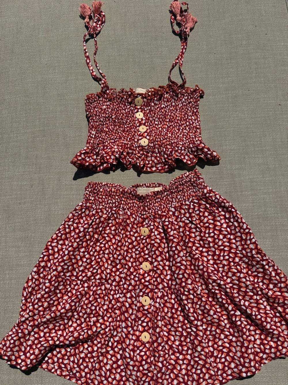 Princess Polly BeachGold Red Smocked Crop Top & Button Skirt Set